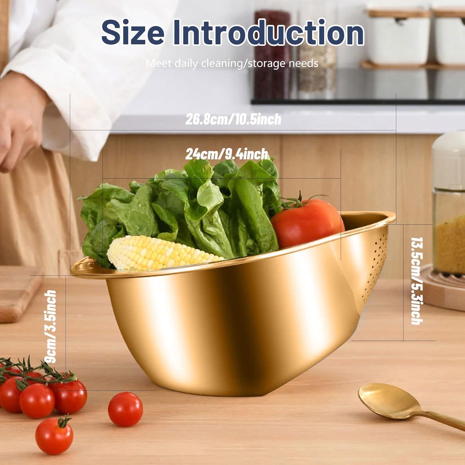 BigKing 2 Pack Rice Washing Bowl with Strainer and Adhesive Hooks Gold
