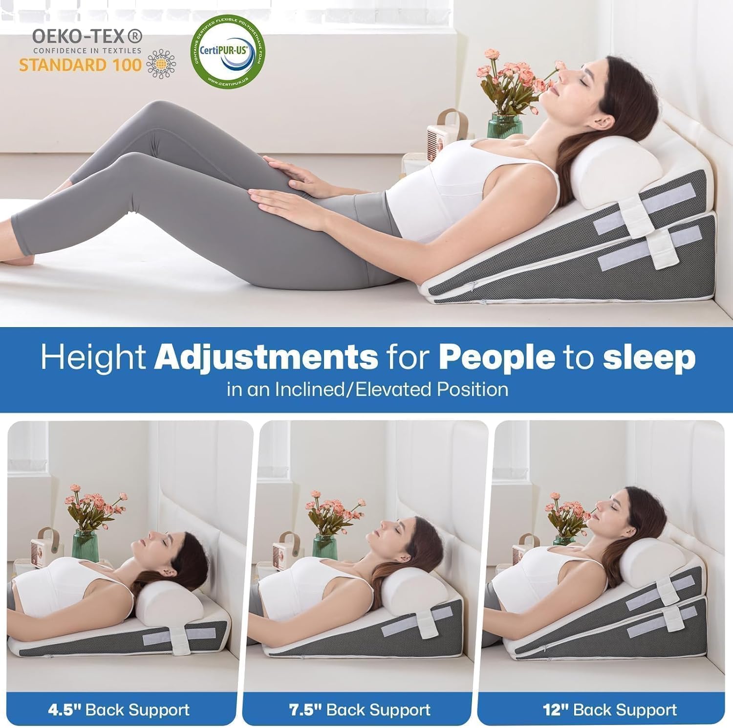 GOHOME 3-Piece Memory Foam Wedge Pillow Set - White and Grey