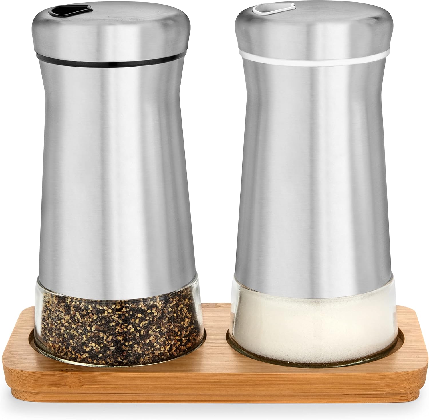 Adjustable Salt Pepper Shakers Set with Bamboo Stand
