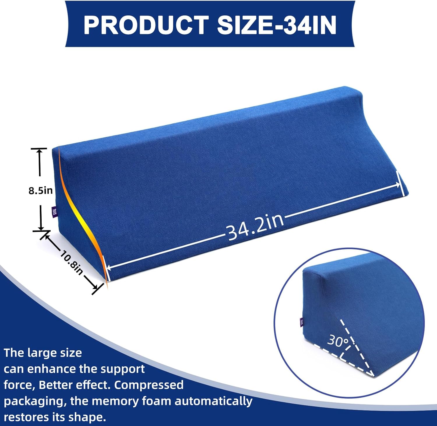 34in 30 Degree Bed Wedge Pillow for Side Sleeping and Pain Relief
