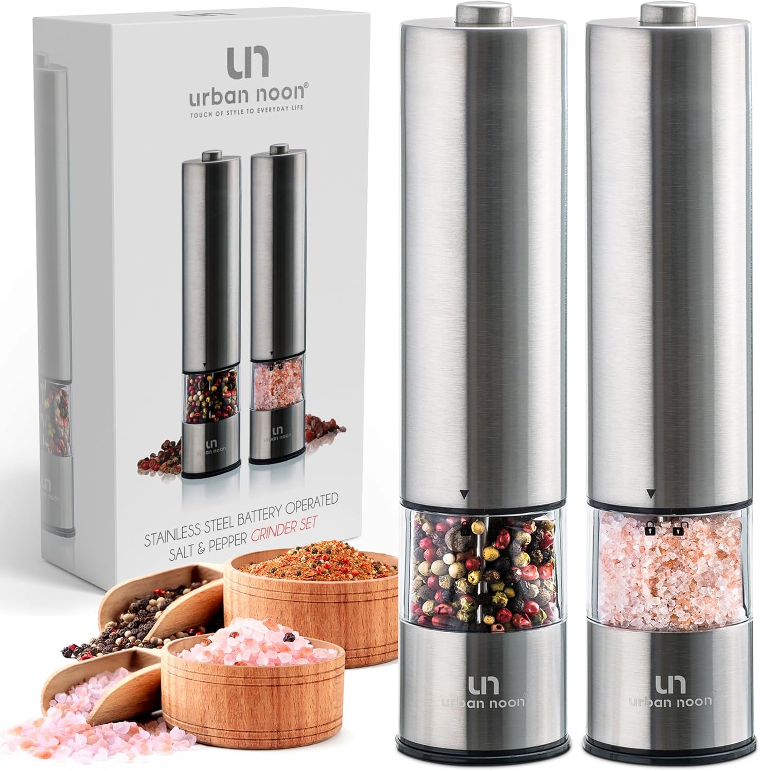 Urban Noon Electric Salt Pepper Grinder Set - Battery Operated with LED Light