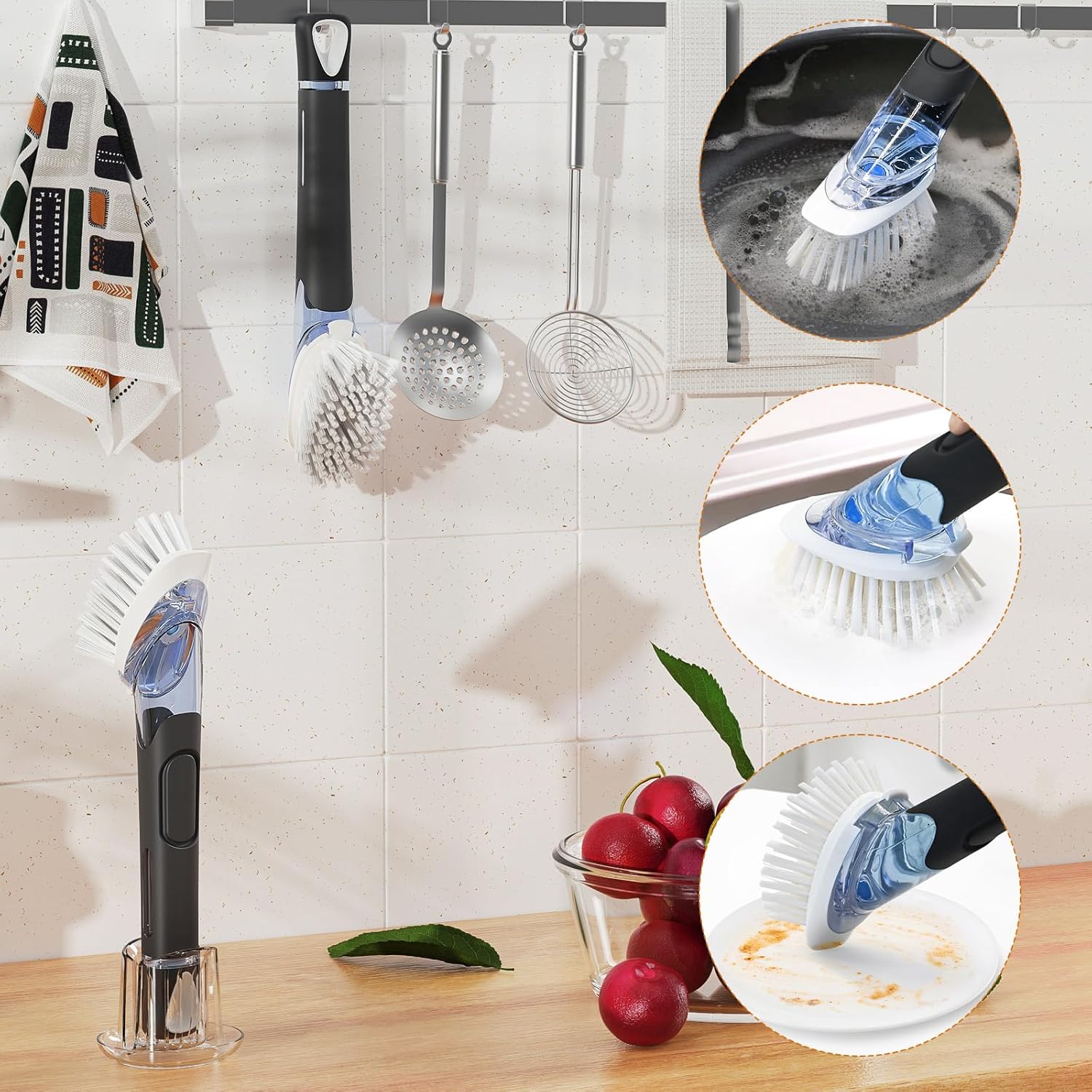 RIMAY Soap Dispensing Dish Brush Set with Holder