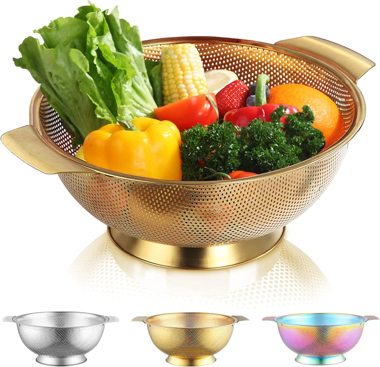 Kyraton Gold Colander 5 Quart Professional Sturdy Strainer with Dishwasher Safe Design