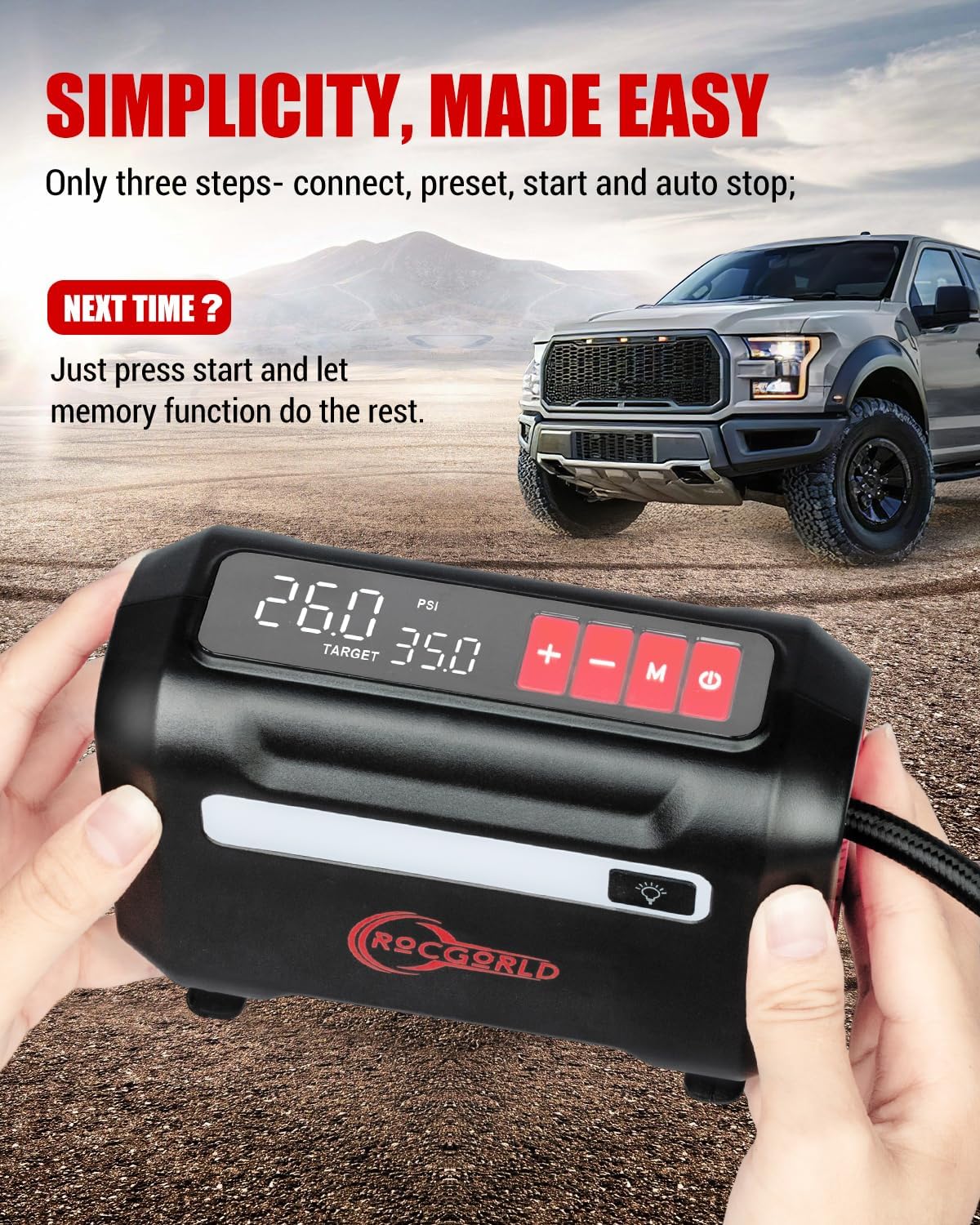 ROCGORLD R8 12V Tire Inflator Portable with Dual Digital Display
