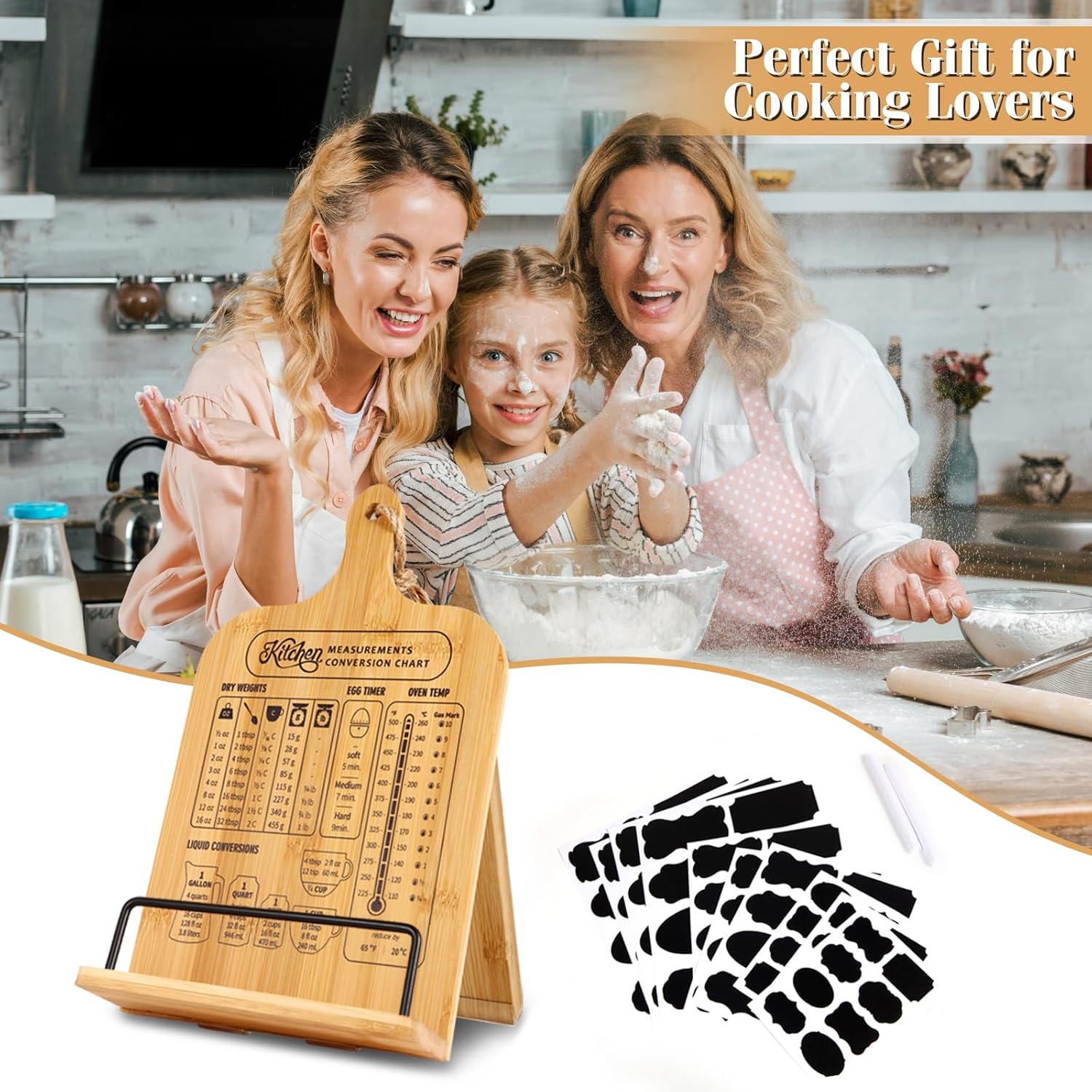 Quexilo Adjustable Cookbook Stand - Bamboo Chalkboard Labels Measurement Chart