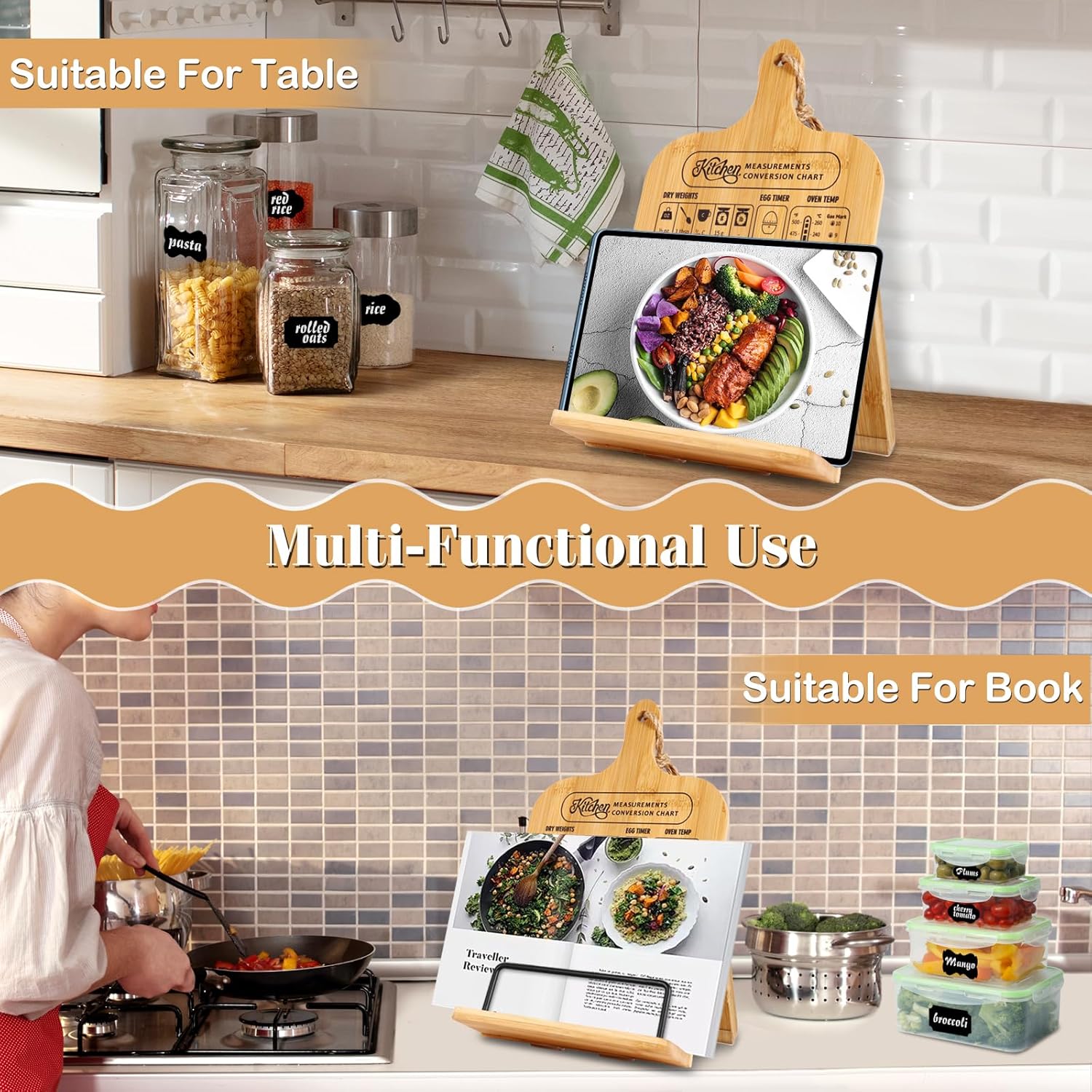 Quexilo Adjustable Cookbook Stand - Bamboo Chalkboard Labels Measurement Chart