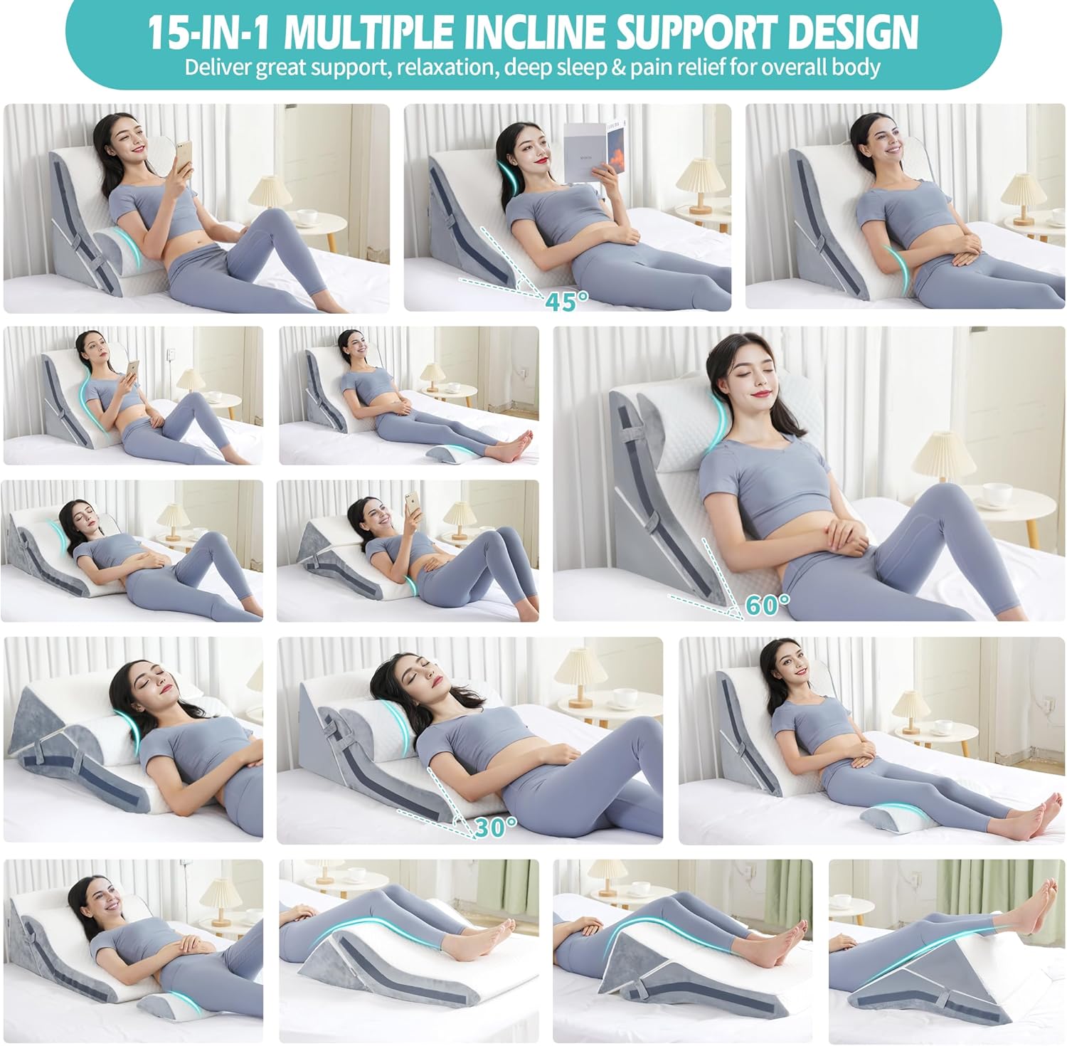 Simpledad Wedge Pillow Set 3PCS 15-in-1 Adjustable Memory Foam