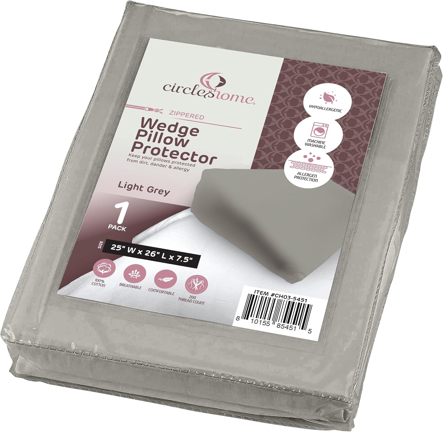 CirclesHome Wedge Pillow Cover Soft 100 Cotton Zippered Hypoallergenic Breathable Light Grey