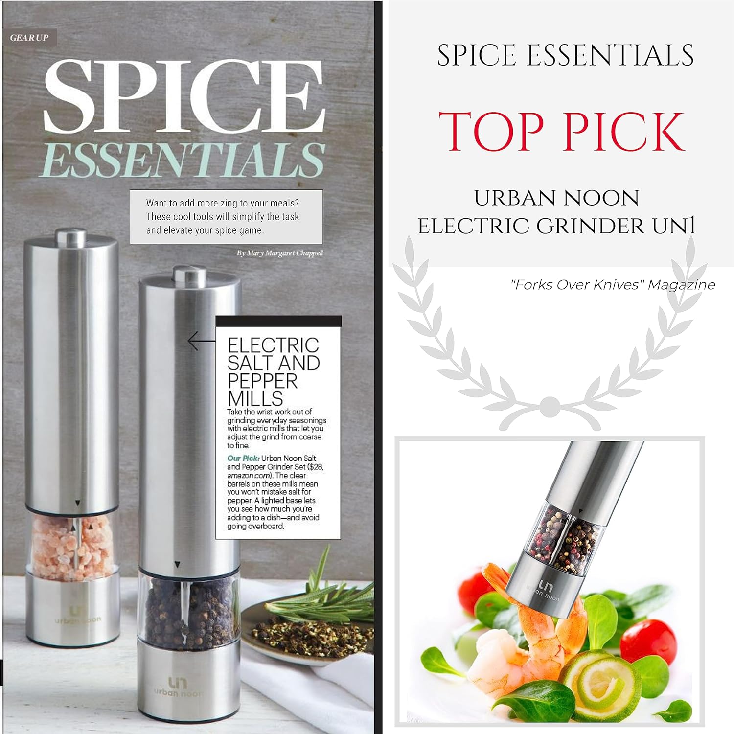 Urban Noon Electric Salt Pepper Grinder Set - Battery Operated with LED Light