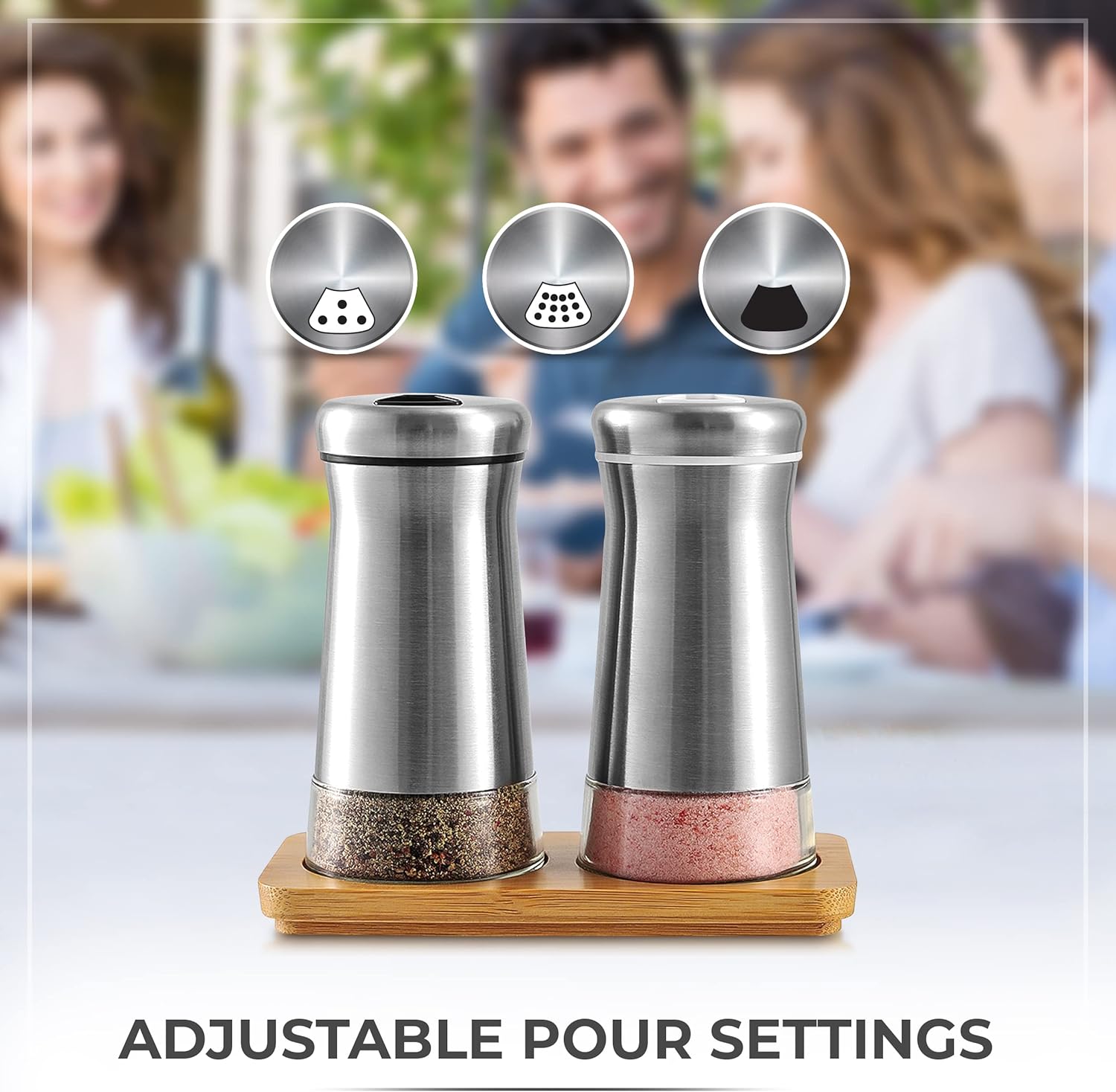 Adjustable Salt Pepper Shakers Set with Bamboo Stand