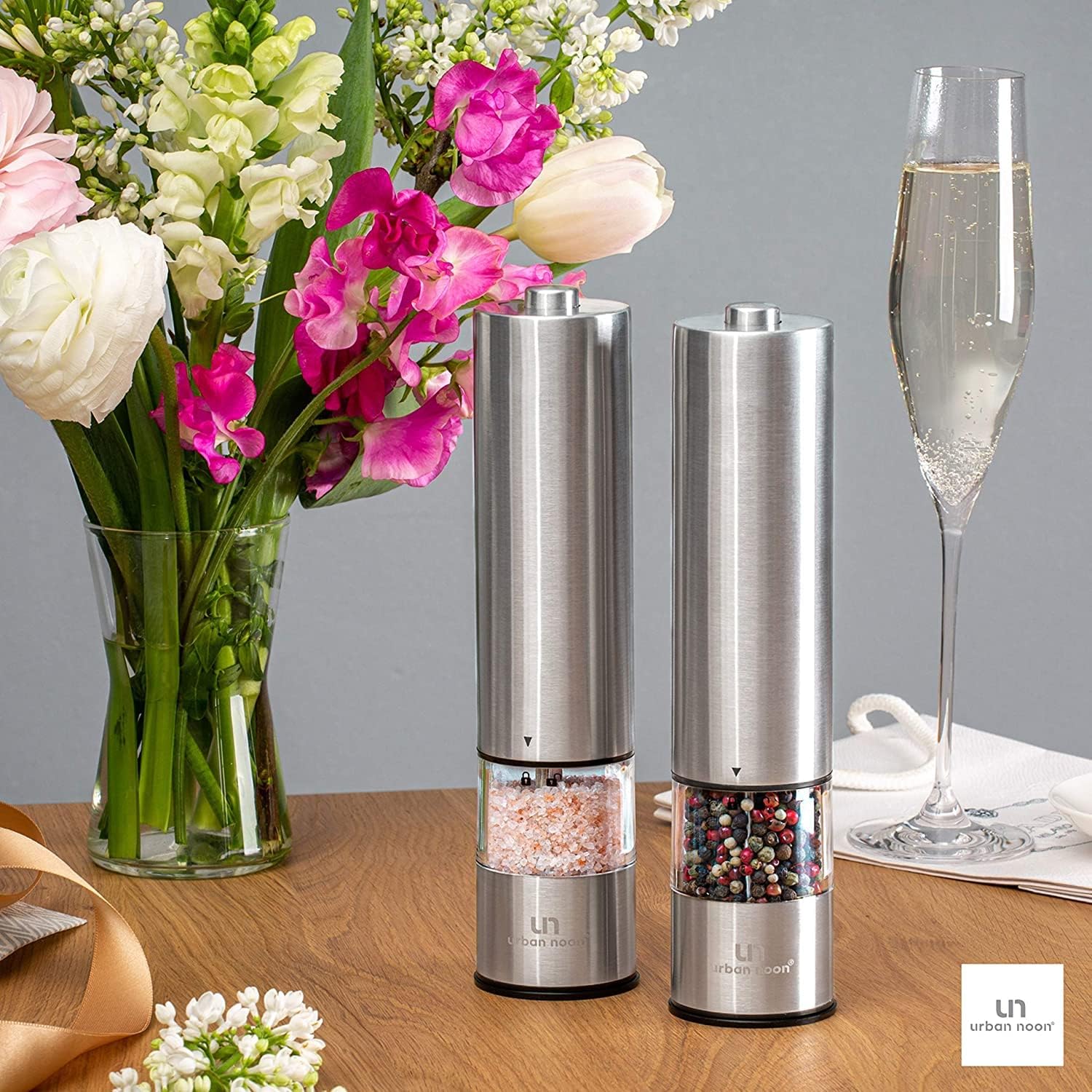 Urban Noon Electric Salt Pepper Grinder Set - Battery Operated with LED Light
