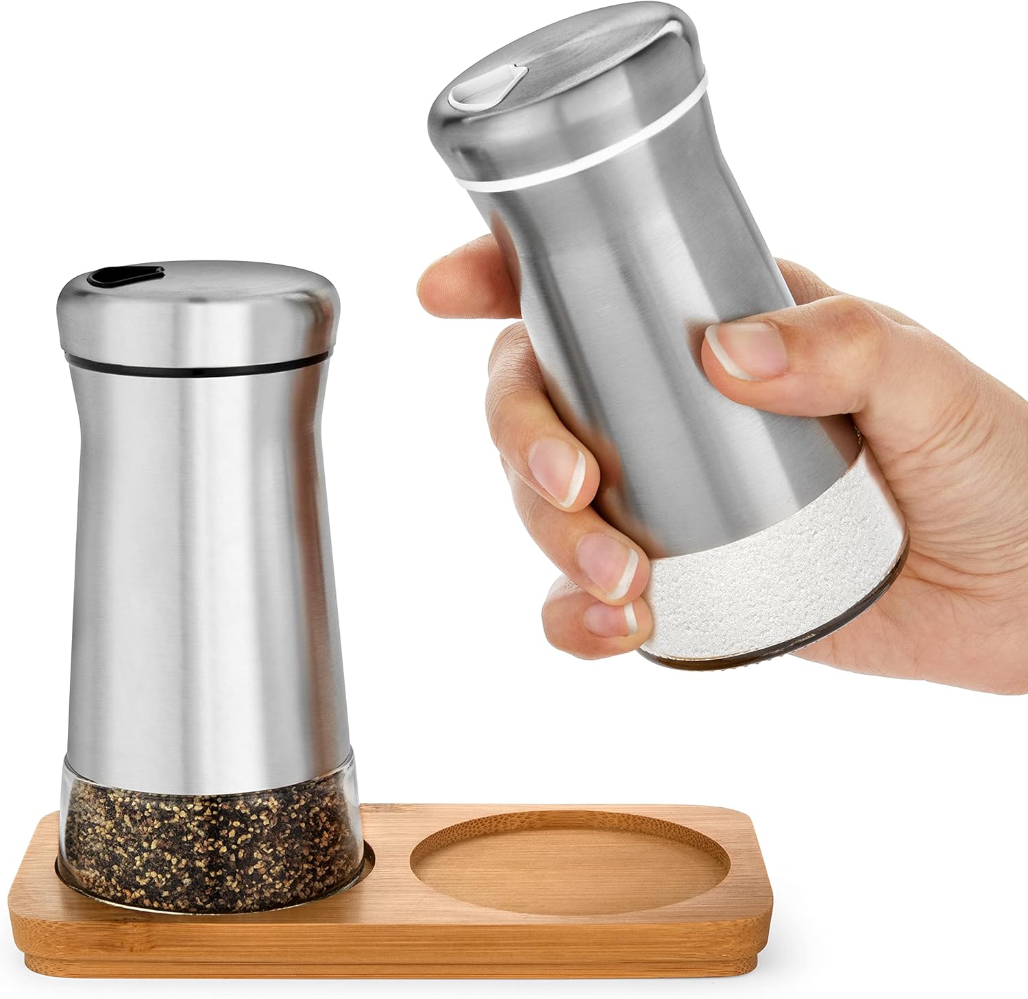 Adjustable Salt Pepper Shakers Set with Bamboo Stand