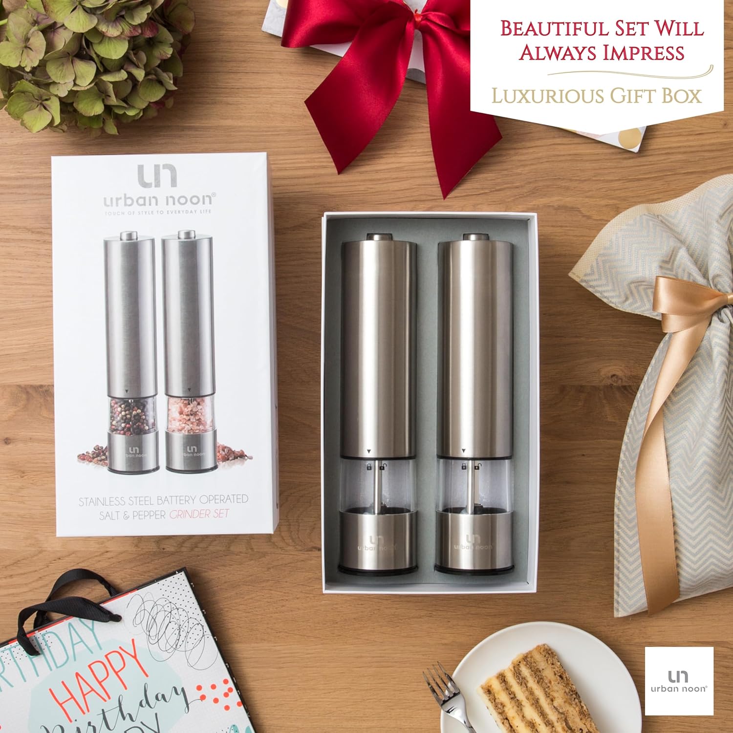 Urban Noon Electric Salt Pepper Grinder Set - Battery Operated with LED Light